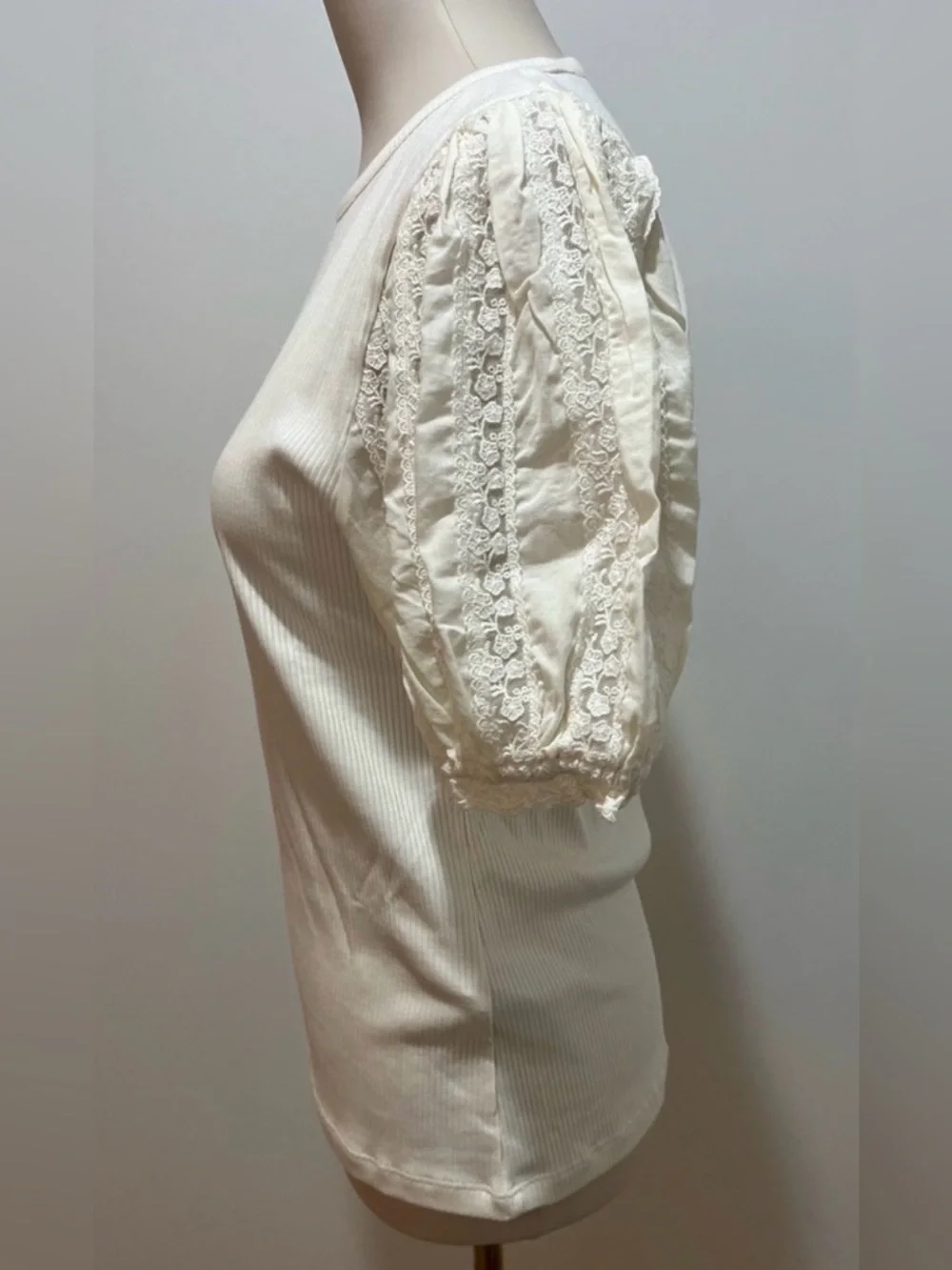 J. Crew Vintage Rib Top with Lace Puff Sleeves in Natural